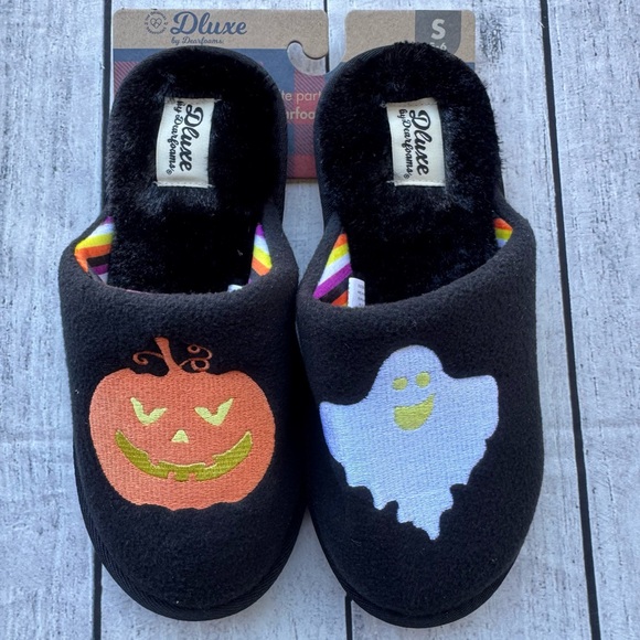 Halloween Dluxe Dearfoam Slippers Ghost Pumpkin Black Faux Fur Small 5-6 NEW - Picture 1 of 3